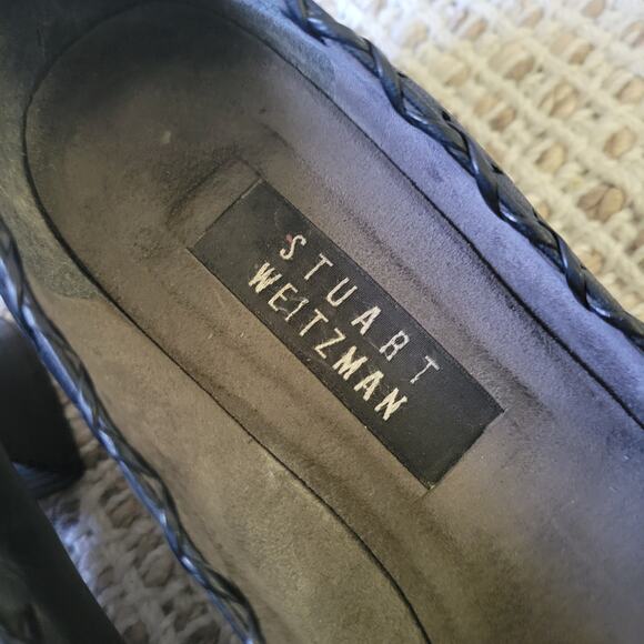 Stuart Weitzman Womens 7* Black Leather Heels Square Toe Whip Stitch Block Heel - Picture 6 of 8